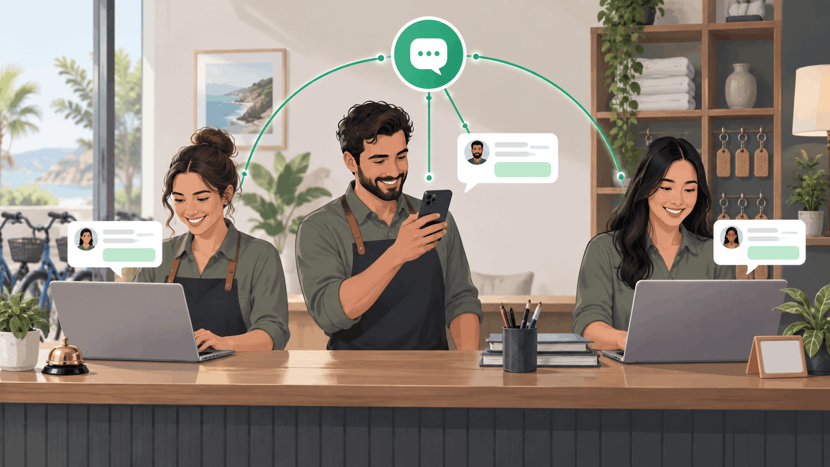 Three small-business teammates managing customer messages from one shared WhatsApp account.