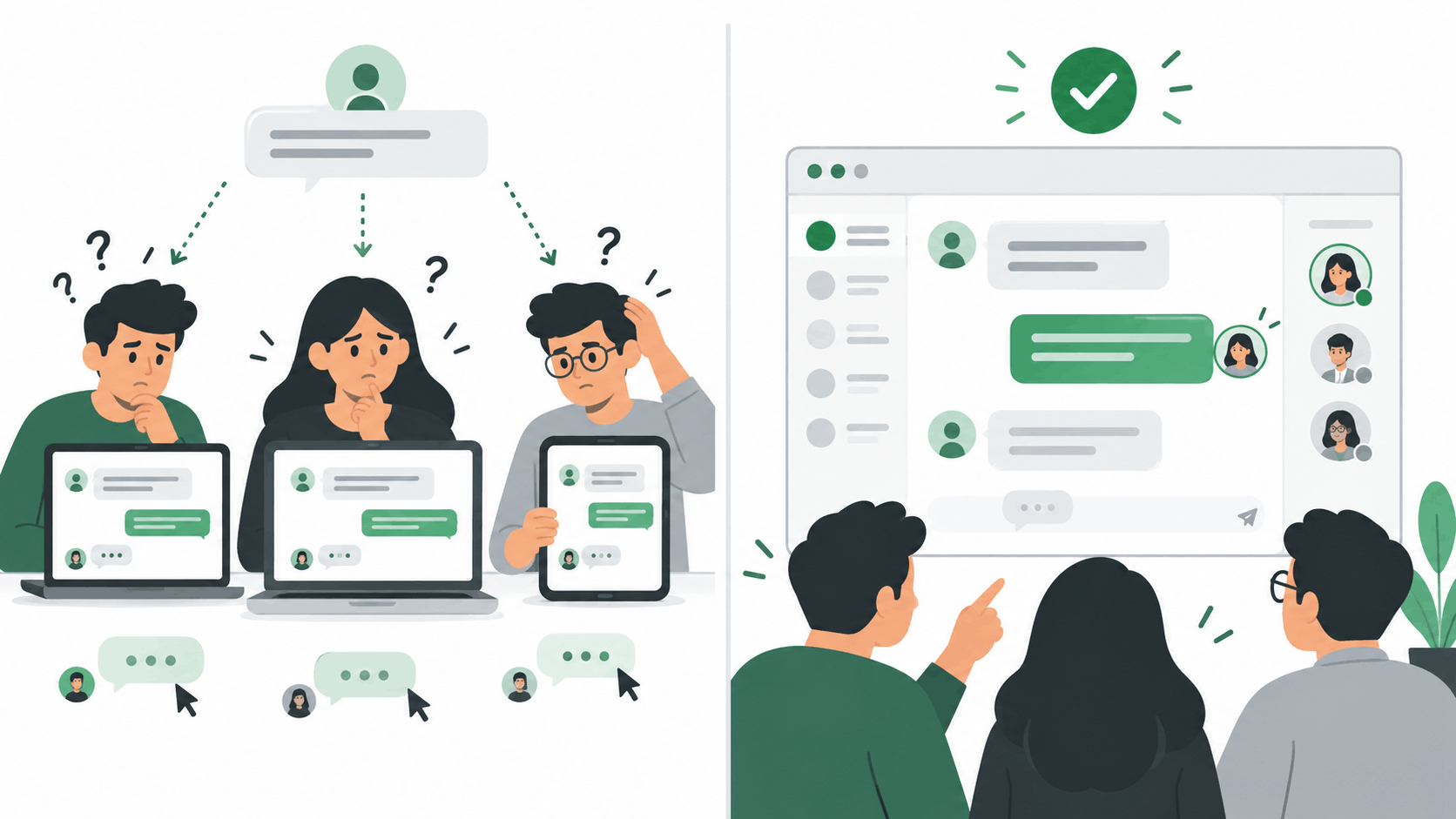 Three teammates handling the same messages separately compared with a team using one shared inbox.